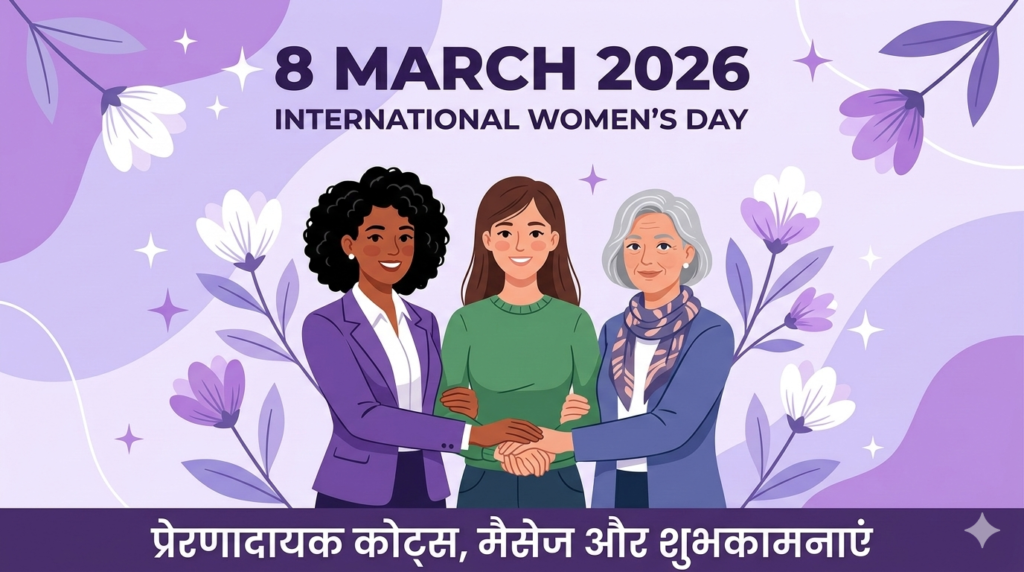 International Women's Day 2026 wishes and quotes poster featuring empowered women and purple flowers