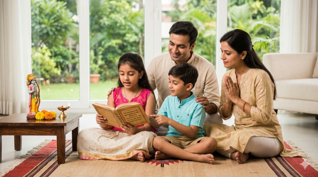 Family reading Ramcharitmanas together - Spiritual values for kids